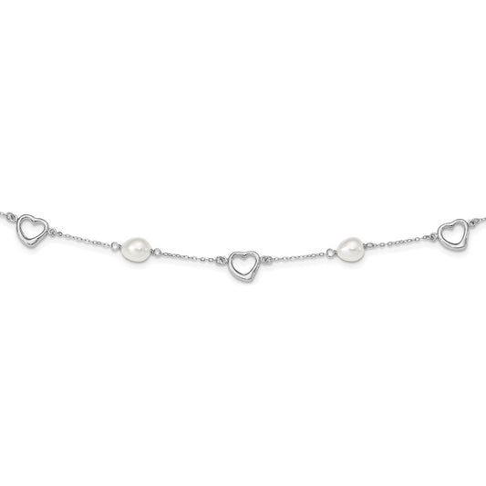 Sterling Silver Rhodium-plated 7-8mm White Teardrop Freshwater Cultured Pearl and Hearts 17 inch with 2 inch Extension Necklace 17 Inches