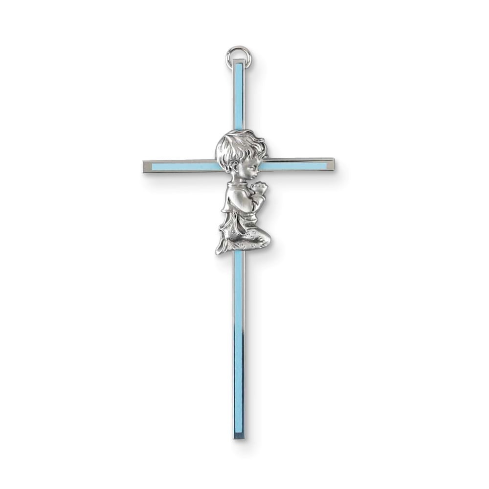 Blue Enameled Silver-tone Metal Praying Boy Wall Cross