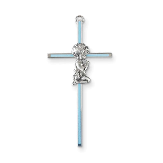 Blue Enameled Silver-tone Metal Praying Boy Wall Cross