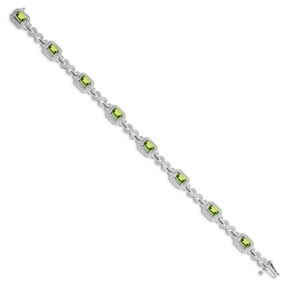 Sterling Silver Rhodium-plated Diamond & Peridot Bracelet 7.75 inches