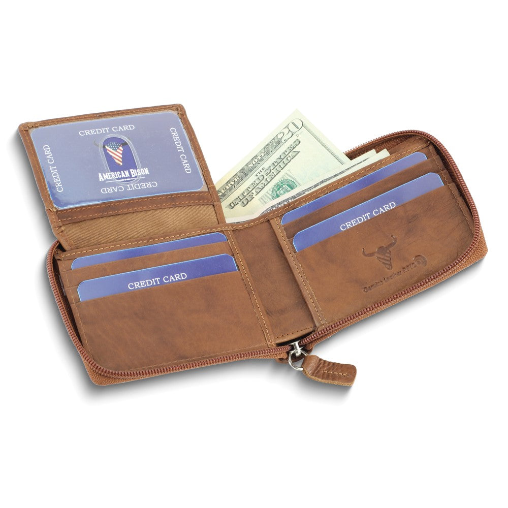 Tan Leather RFID Blocking Zip Around Top Flap Wallet