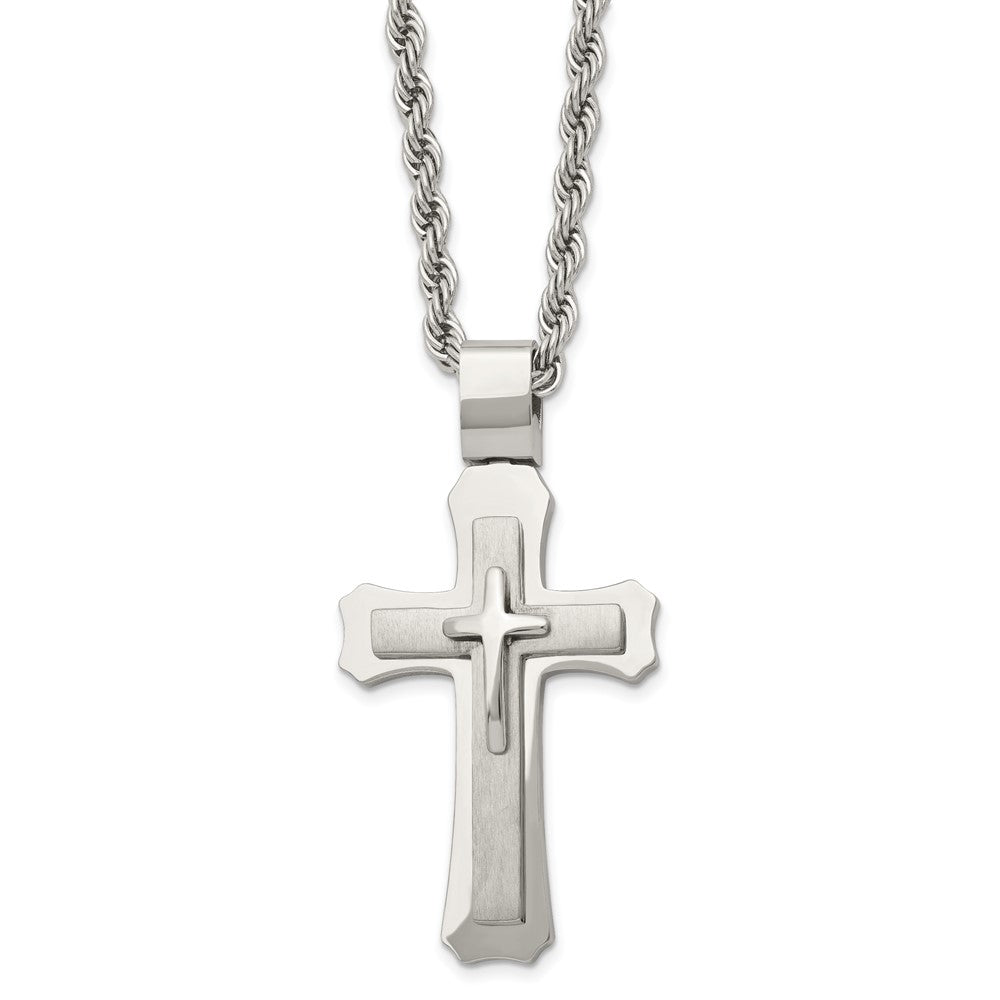 Stainless Steel Brushed and Polished Triple Layer Cross 24in Necklace