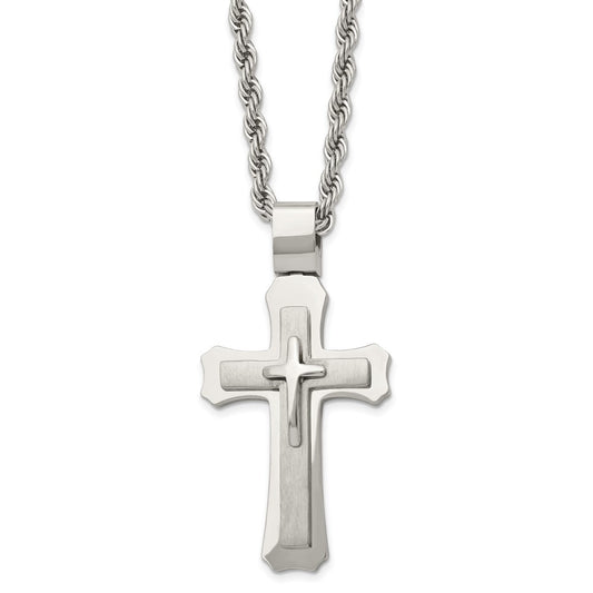 Stainless Steel Brushed and Polished Triple Layer Cross 24in Necklace