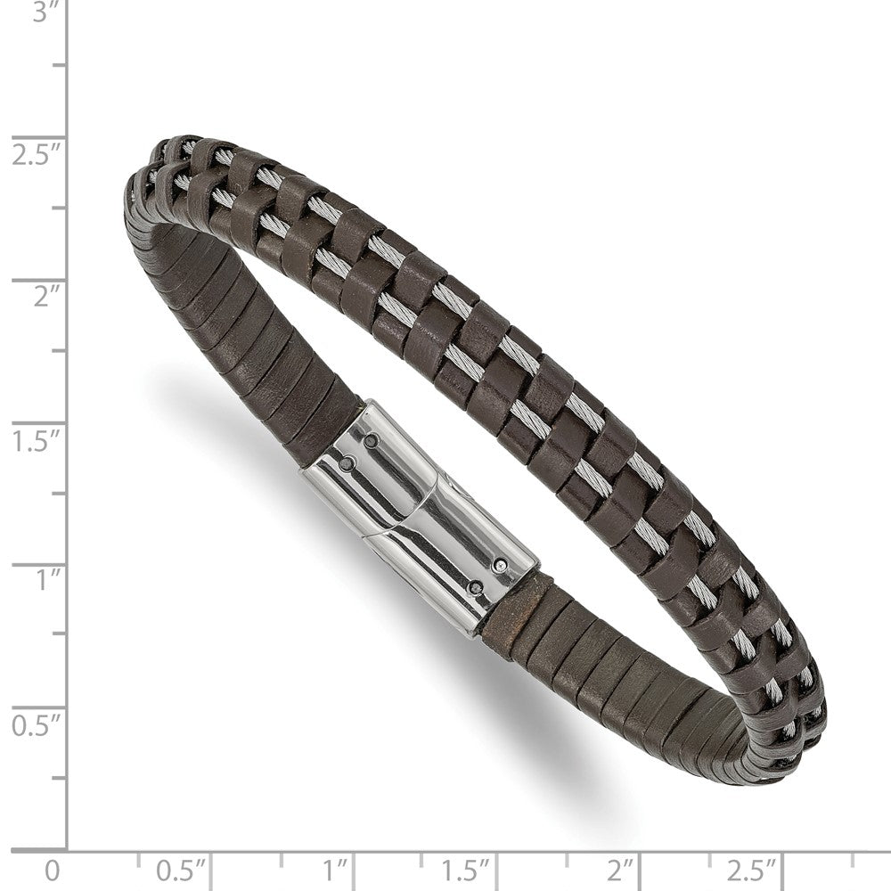 Stainless Steel Polished Cable and Brown Leather 8.75in Bracelet 8.75 inches