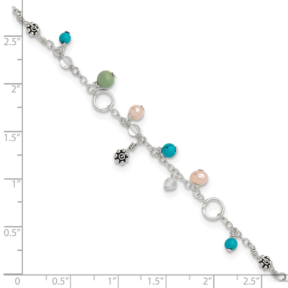 Sterling Silver Turquoise/Clear Bead/FW Cultured Pearl Anklet 9 inches