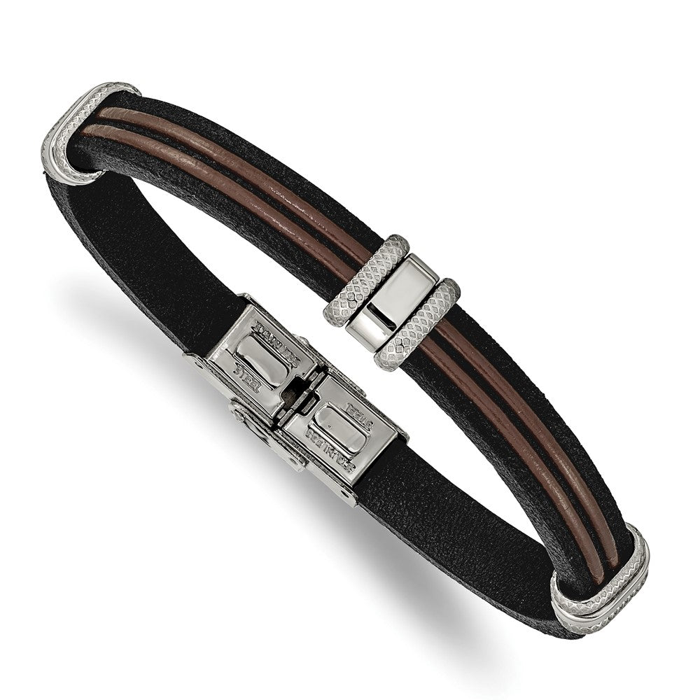 Stainless Steel Polished Black and Brown Leather 8.25in Bracelet 8.25 inches