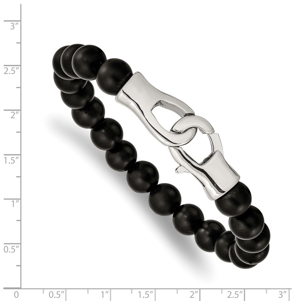 Stainless Steel Polished Black Agate Beaded 9in Bracelet 9 inches