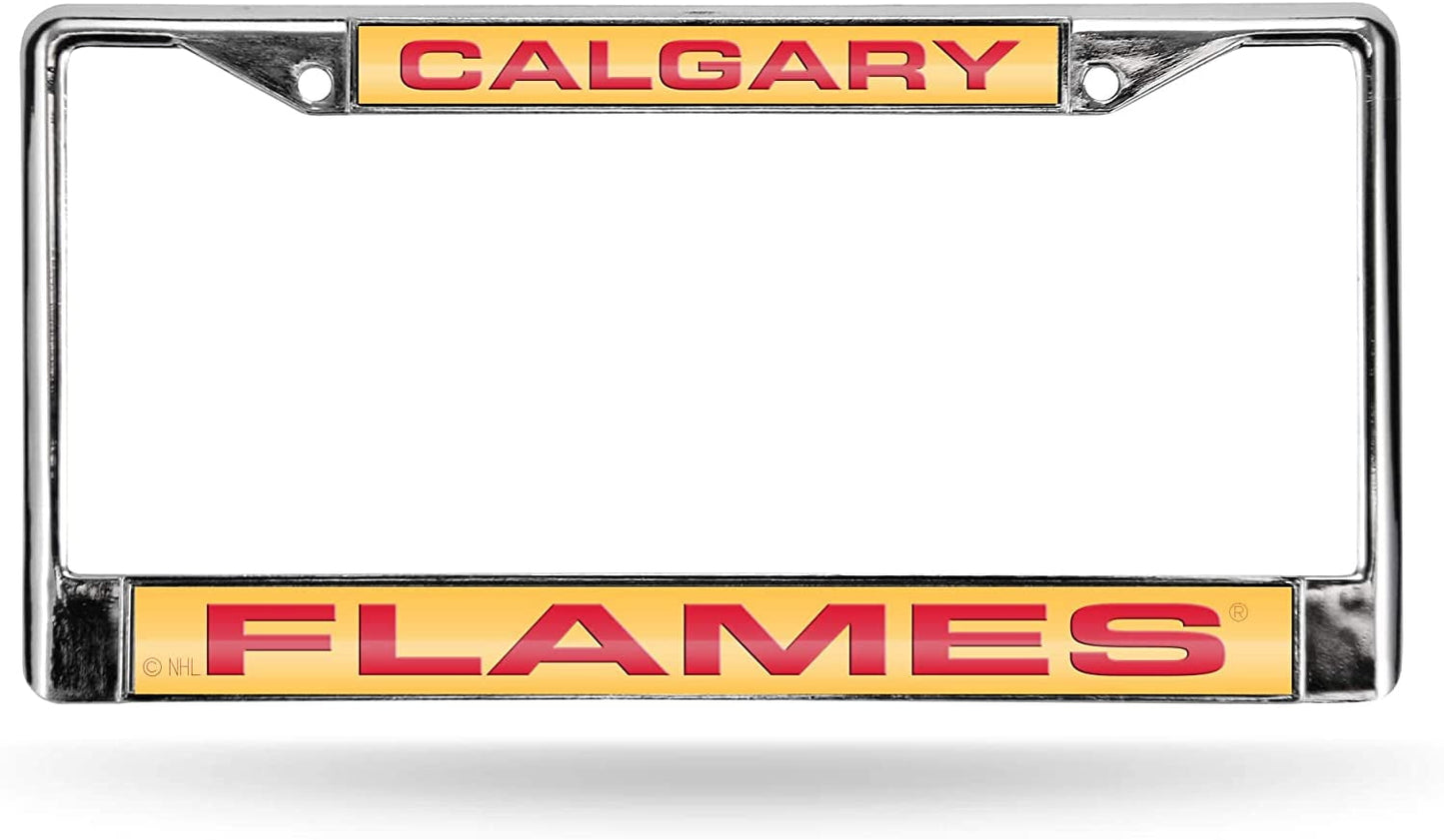 NHL Calgary Flames Laser Chrome Acrylic License Plate Frame-Yellow w/Red QGC7105