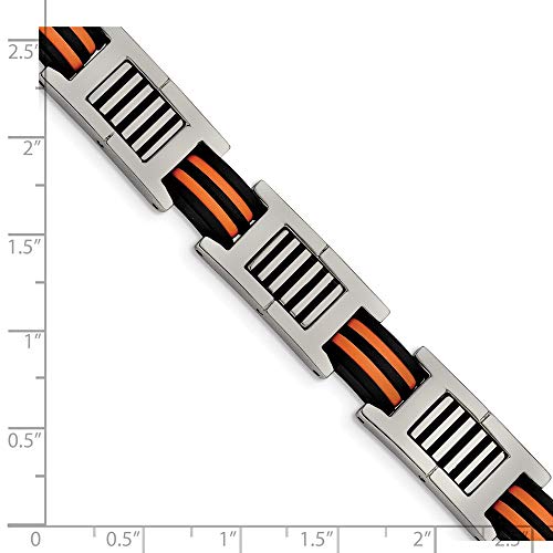 Stainless Steel 8.5in Polished with Rubber Black and Orange Bracelet 8.5 inches