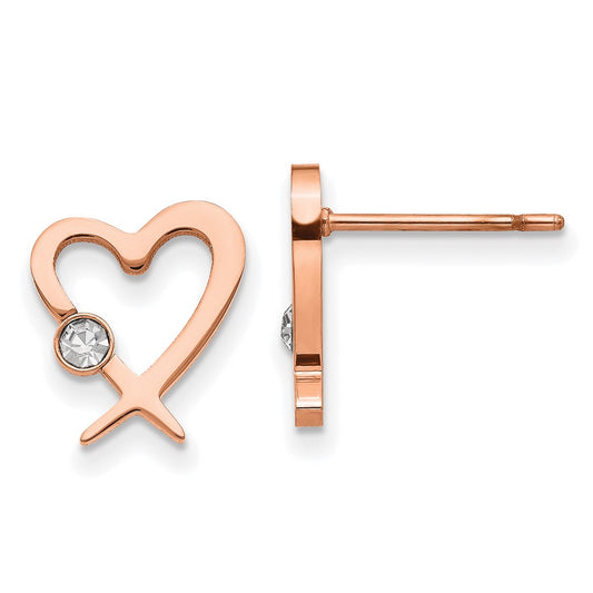Stainless Steel Polished Rose IP-plated w/Crystal Heart Post Earrings