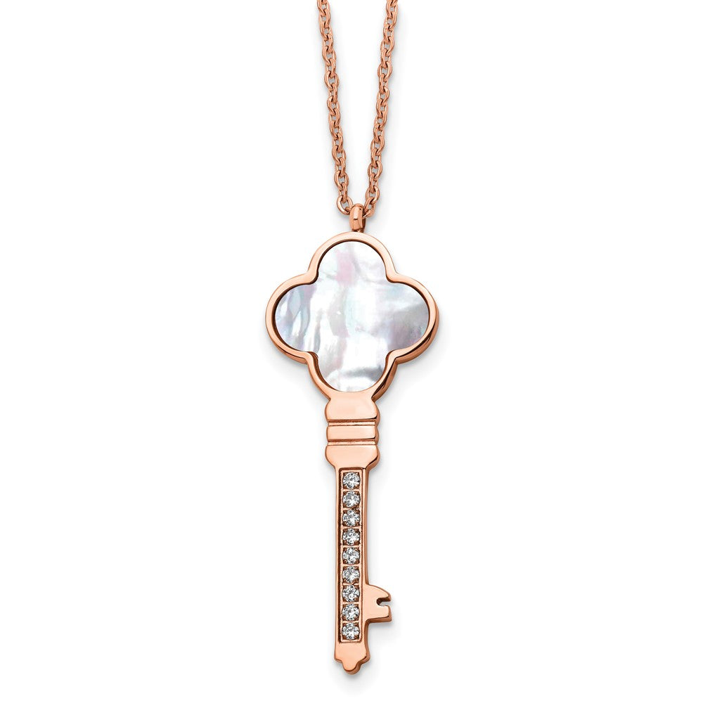 Stainless Steel Polished Rose IP-plated CZ & MOP Key w/2in ext Necklace