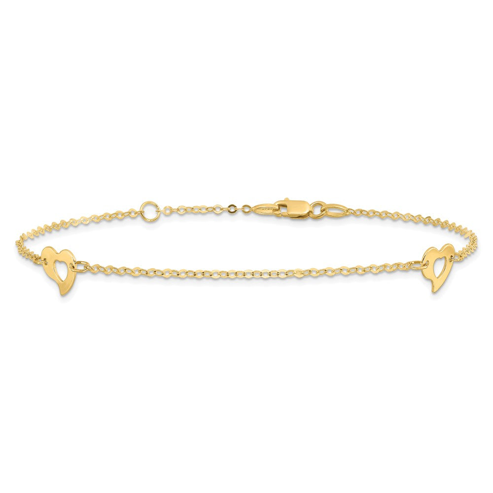 14k Polished Heart 9in Plus 1in ext Anklet 10 inches