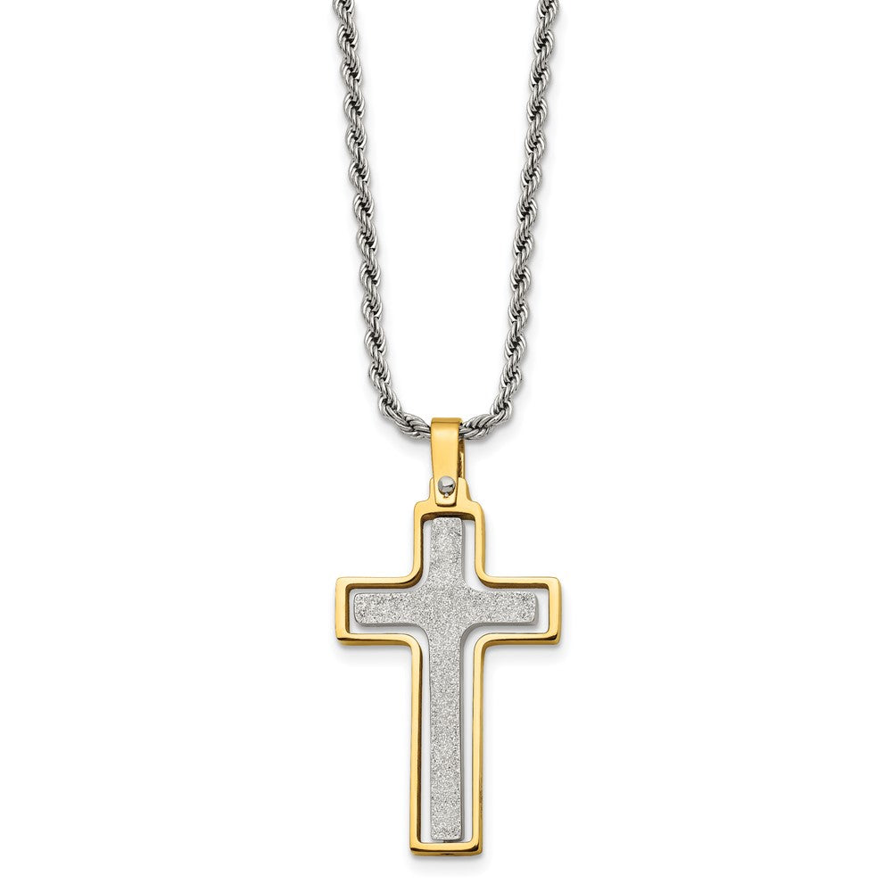 Stainless Steel Polished Yellow IP Laser Cut Moveable Cross Necklace