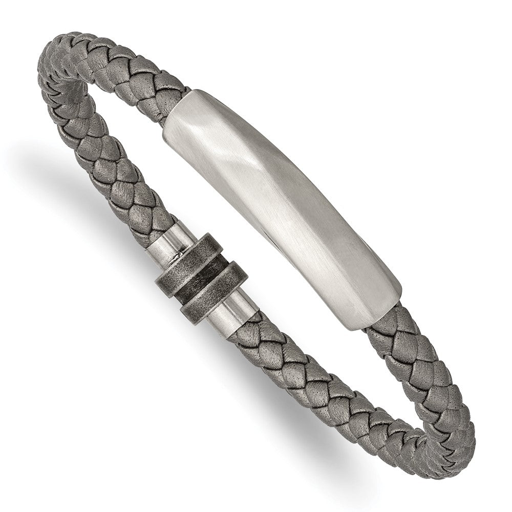 Stainless Steel Antiqued and Brushed Grey Leather 8.25in Bracelet 8.25 inches