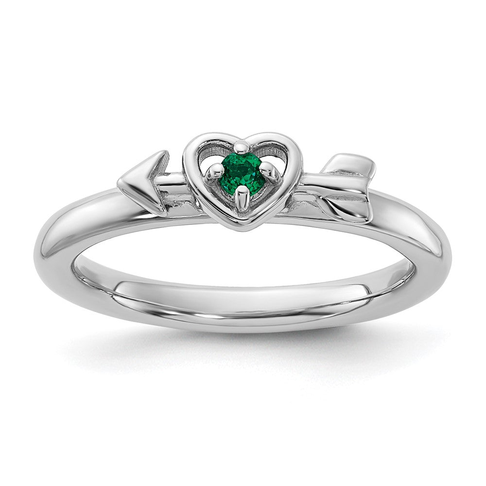 Sterling Silver Stackable Expressions Rhodium-plated Created Emerald Heart with Arrow Ring Size -5