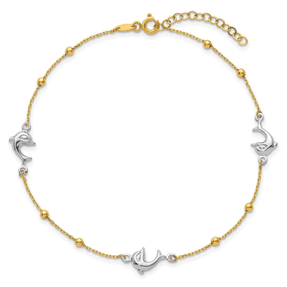14K Two-tone Polished Beads and Three Dolphins 9 inch with 1 inch Extender Anklet