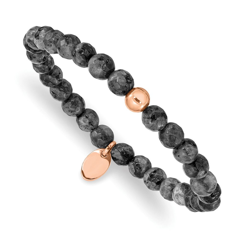 Stainless Steel Polished Rose IP-plated Spectrolite Beaded Stretch Bracelet 6 inches