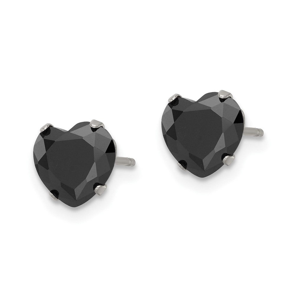 Stainless Steel Polished 7mm Black Heart CZ Stud Post Earrings