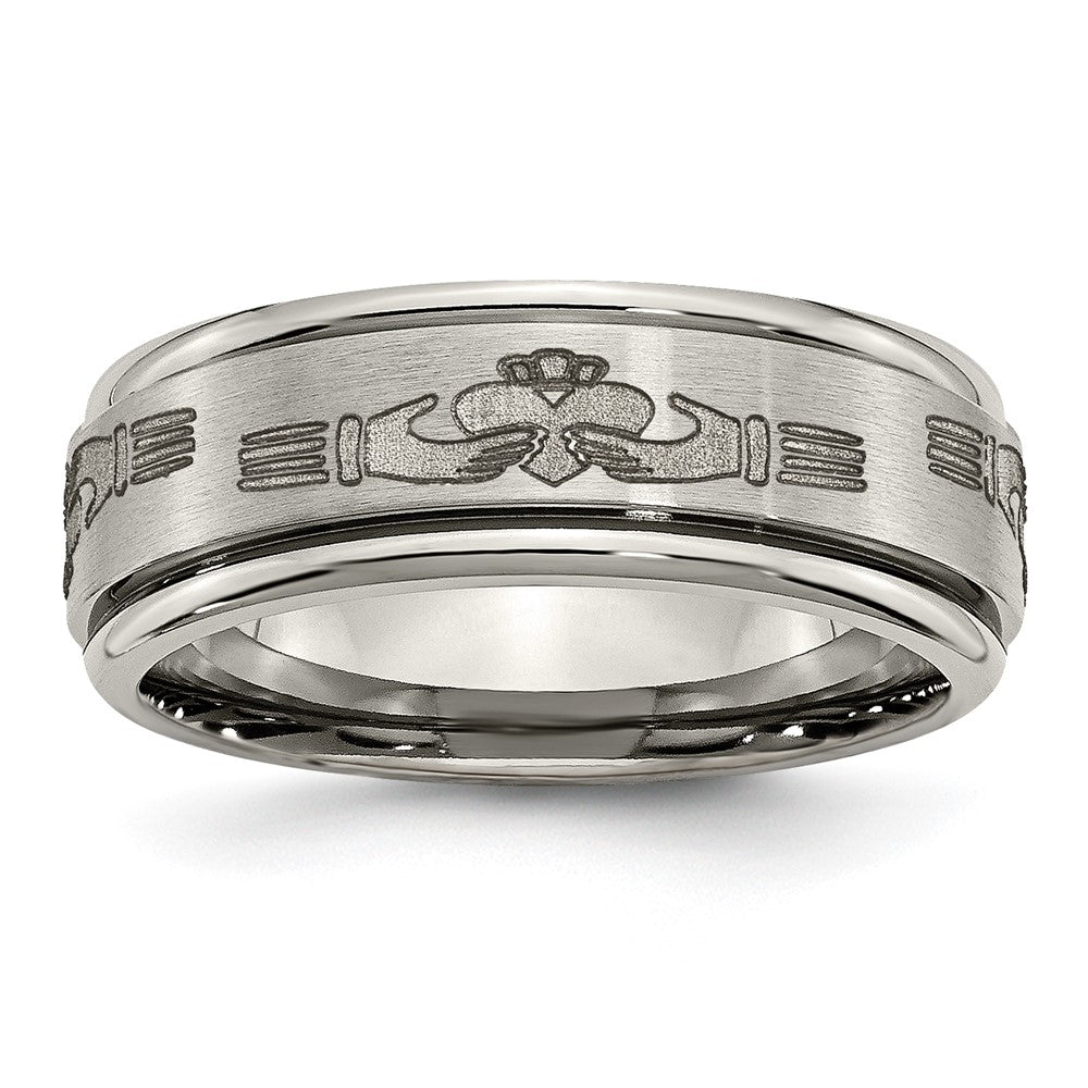 Titanium Brushed/Polished Claddagh Laser Design 8mm Ridged Edge Band Size - 12