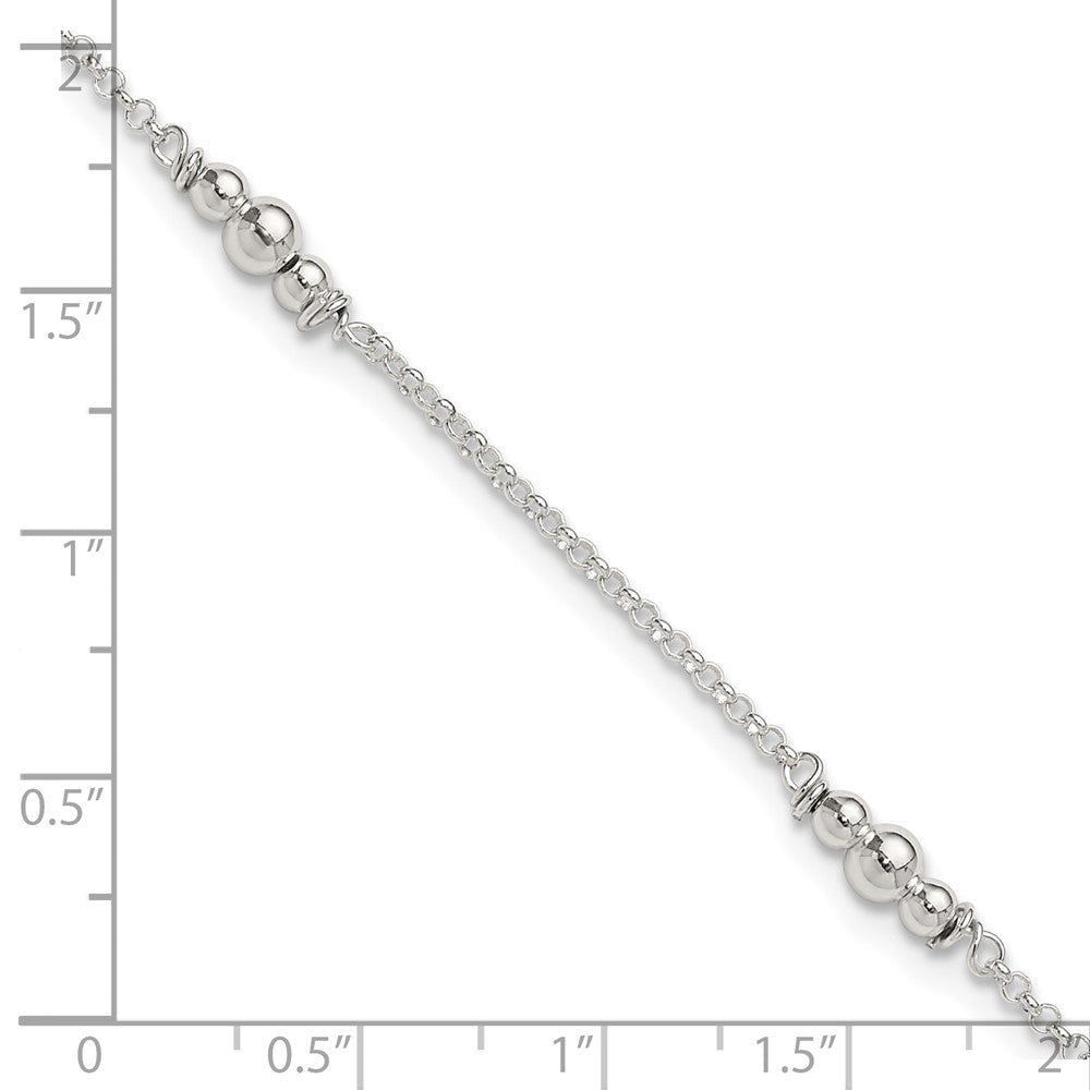Sterling Silver Polished Bead 9in Plus 1in ext. Anklet 9 inches