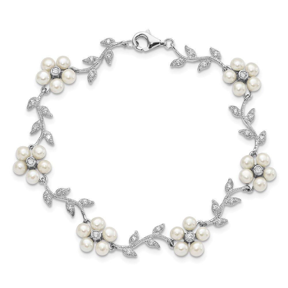 Sterling Silver Rhodium-plated CZ Vine Pattern and Fresheater Cultured Pearl Floral 7 inch Bracelet 7 inches