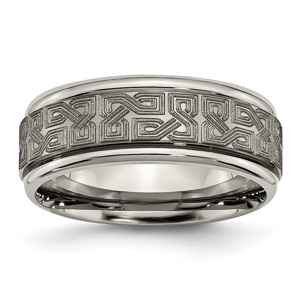 Titanium Brushed & Polished Laser Design 8mm Ridged Edge Band Size - 7.5