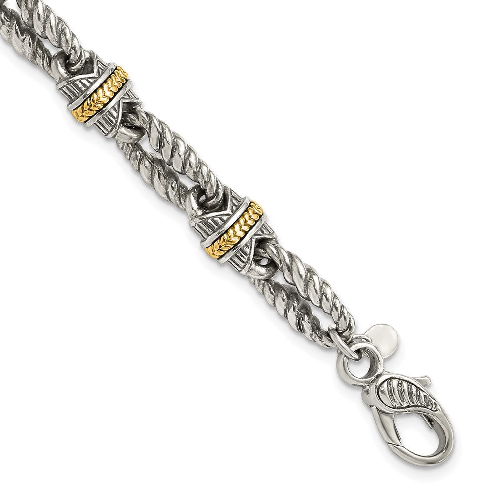 Sterling Silver w/14ky Accent Polished & Antiqued Link Bracelet