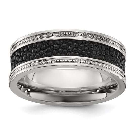 Stainless Steel Polished Genuine Stingray Textured 8mm Band Size - 9.5