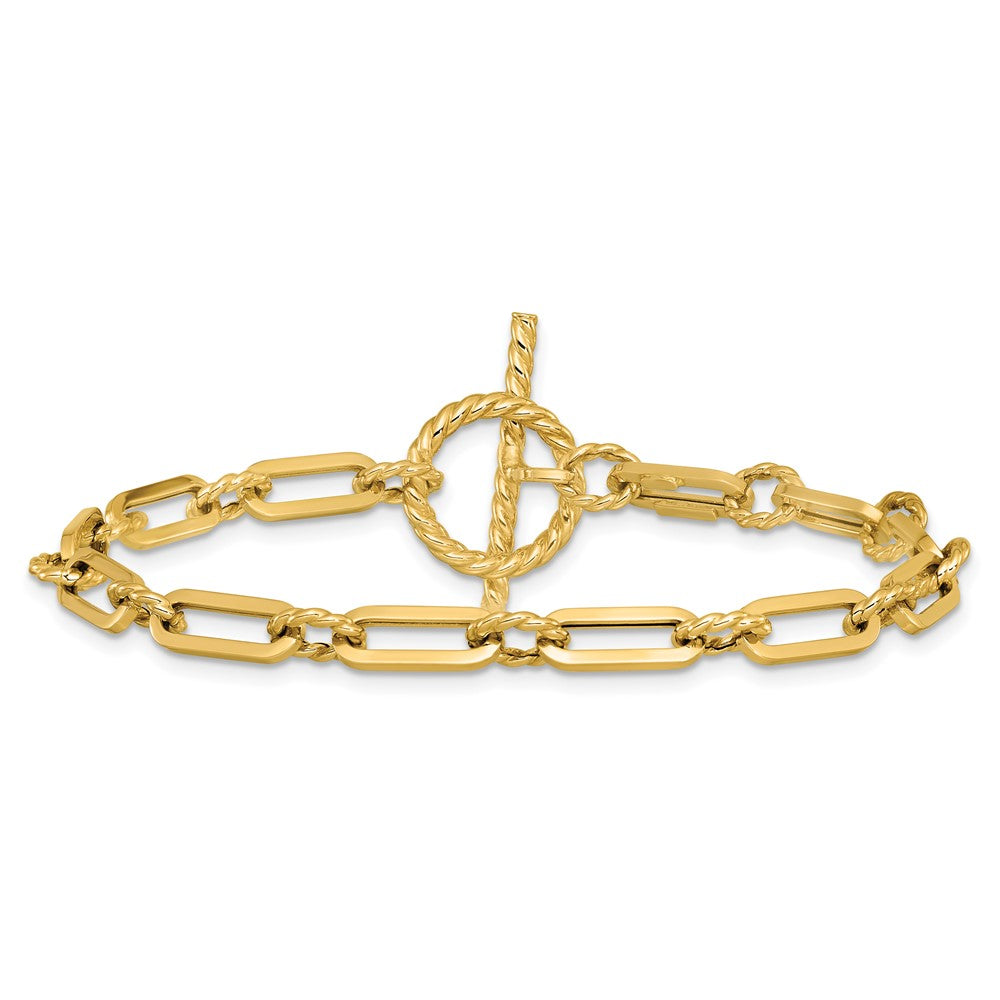 14K Polished and Twisted Fancy Link Toggle Bracelet 7  inches