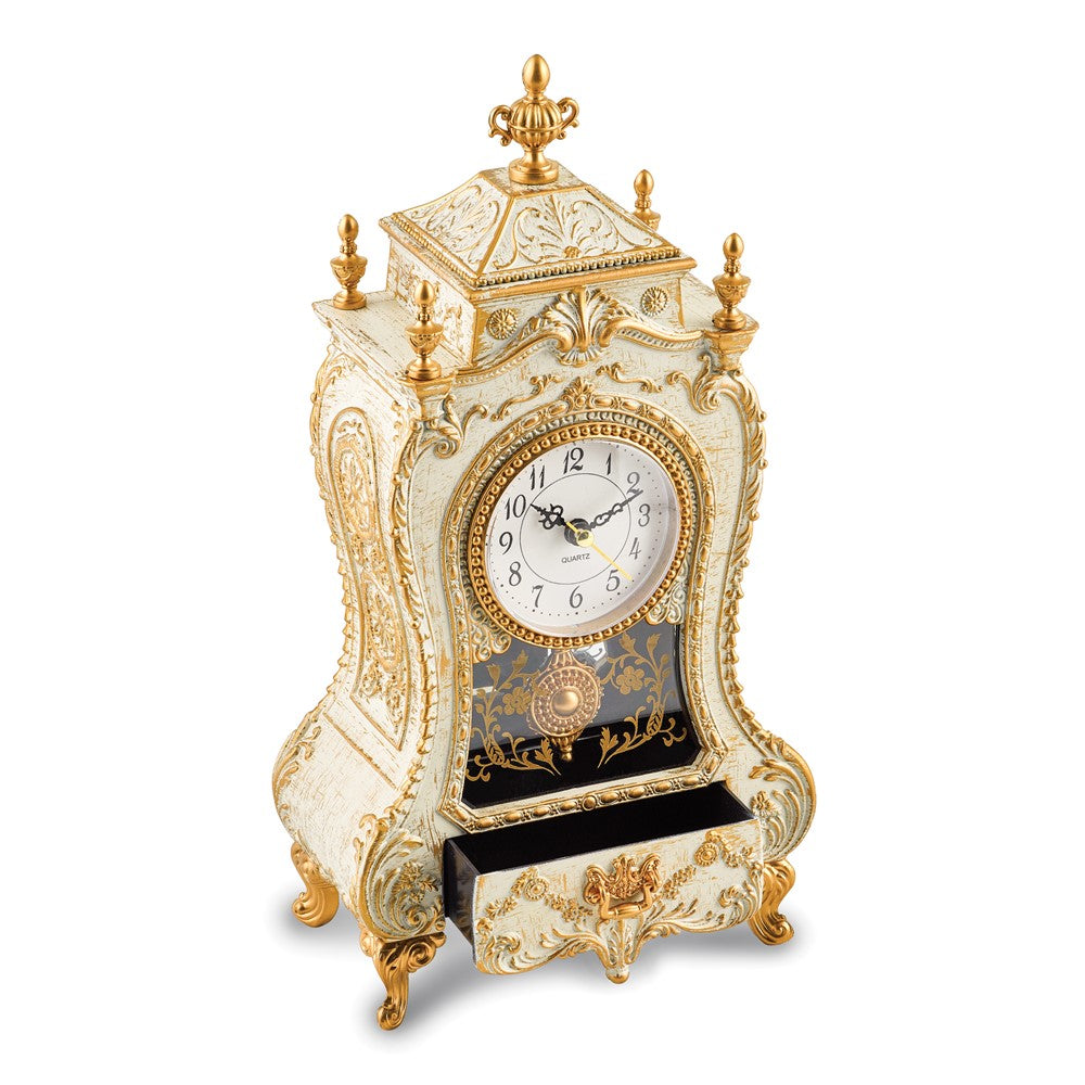 Antiqued White and Gold-tone Accent Musical Mantel Clock with Drawer (Plays Magic Flute)