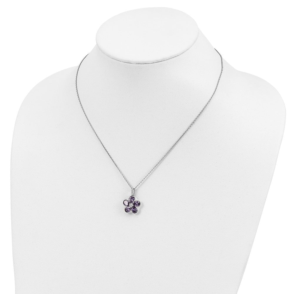 Cheryl M Sterling Silver Rhodium-plated Purple and White Brilliant-cut CZ Flower 16 Inch Necklace with 2 Inch Extender 16 Inches