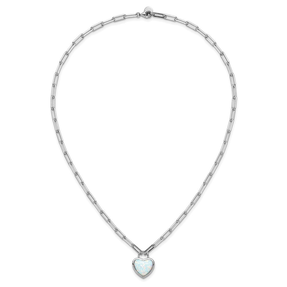 Cheryl M Sterling Silver Rhodium-plated Polished Created Opal Heart Paperclip Link Necklace 18 Inches