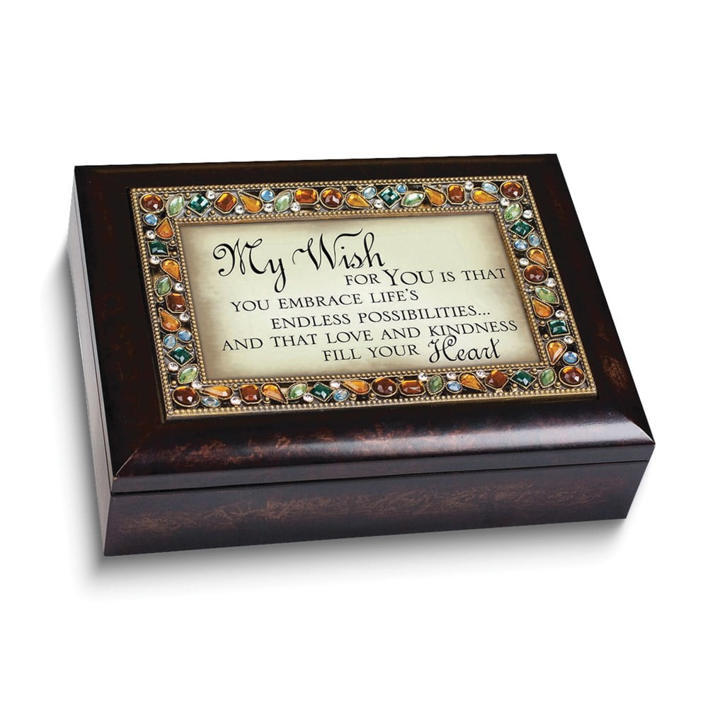 MY WISH FOR YOU Sentiment Jeweled Amber Resin Music Box (Plays Edelweiss) Q-GM18610