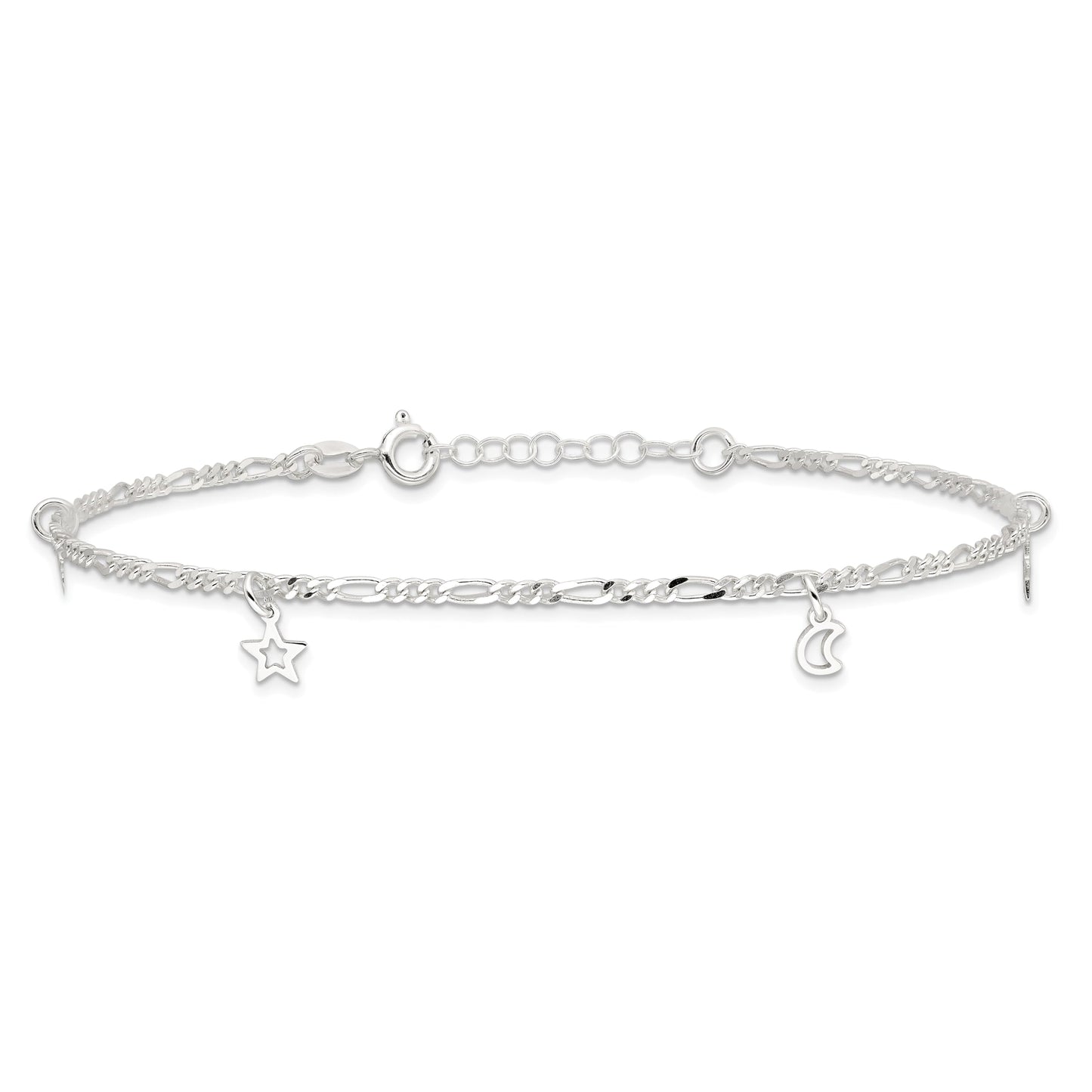 Sterling Silver Polished Star and Moon 9in Plus 1in Ext. Anklet 9 inches