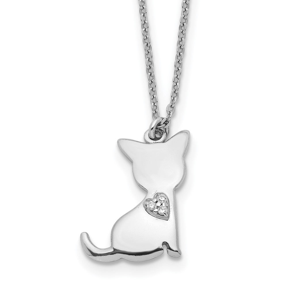 Sterling Silver Rhodium-plated CZ Heart Cat Necklace 16 Inches