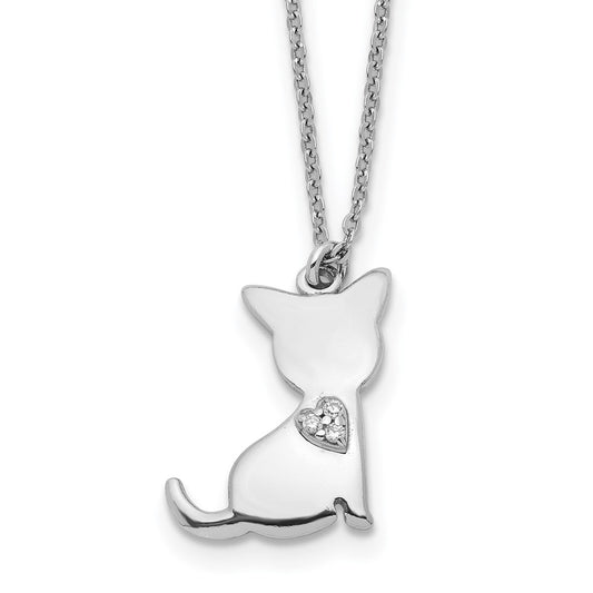 Sterling Silver Rhodium-plated CZ Heart Cat Necklace 16 Inches