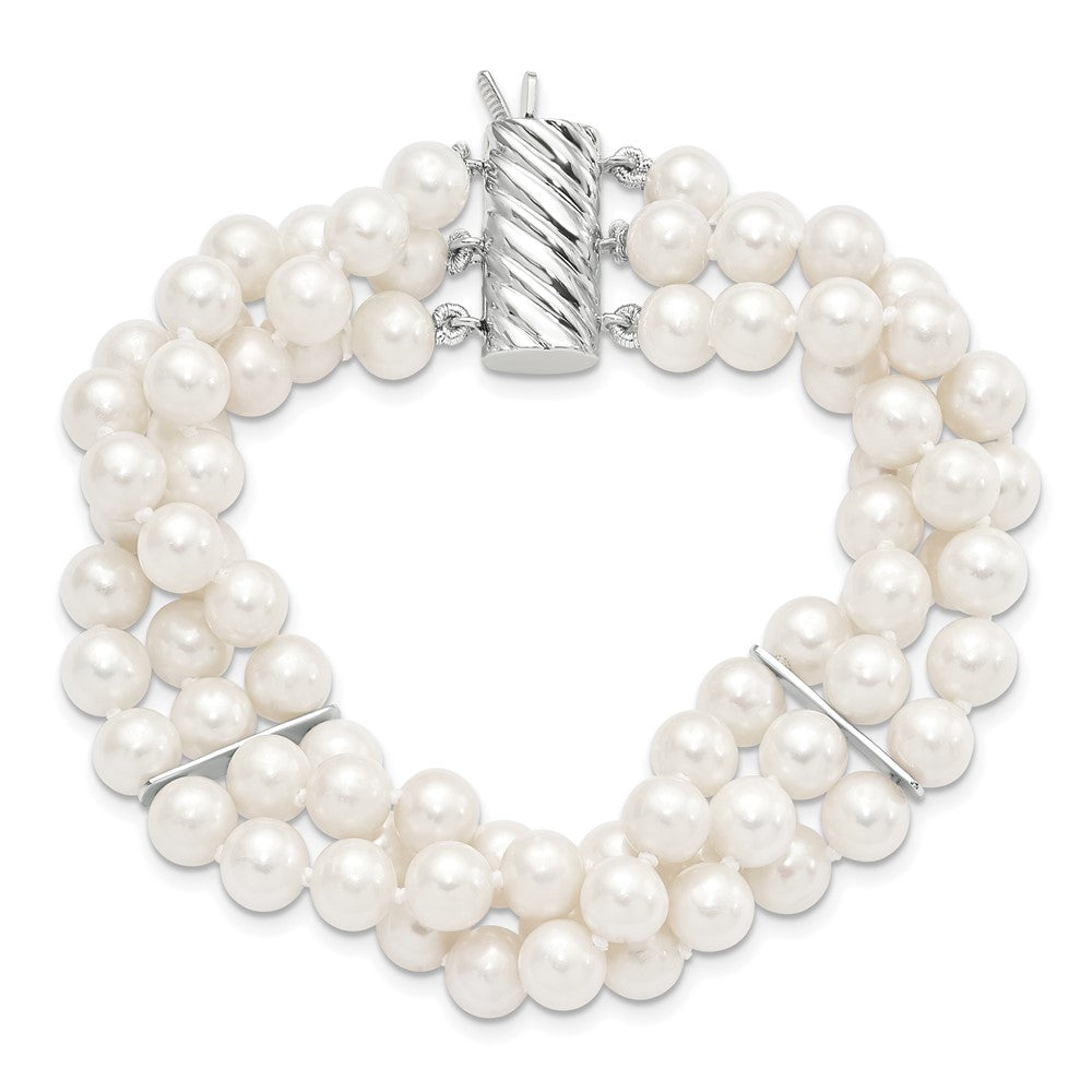 Sterling Silver Rhodium-plated 6-7mm White Near-Round Freshwater Cultured Pearl 3-Strand 7.5 inch Bracelet 7 inches