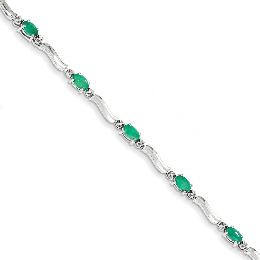14k White Gold Complete Diamond and Oval Emerald Wavy Link 7 inch Bracelet