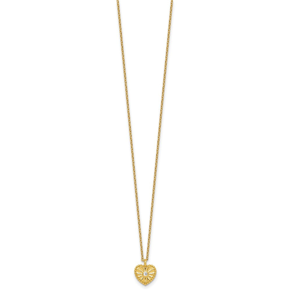 Sterling Silver Gold-tone Polished Beaded and Textured CZ Heart 16 Inch with 2 Inch Extension Necklace 16 Inches