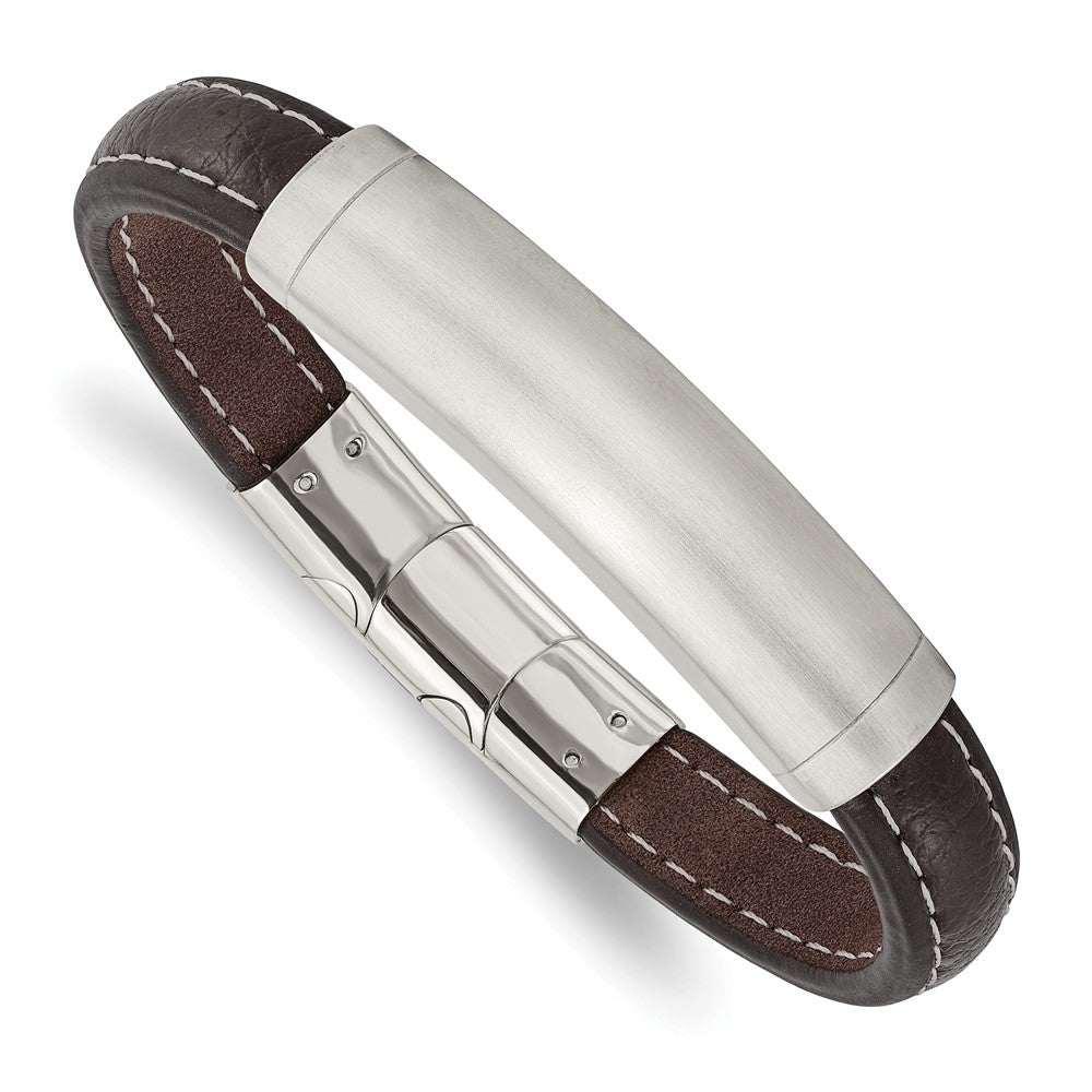Stainless Steel Brushed Dark Brown Leather 8in w/.5in ext. ID Bracelet 8 inches
