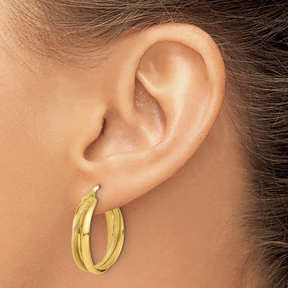 14K Polished and Textured Round Hoop Earrings
