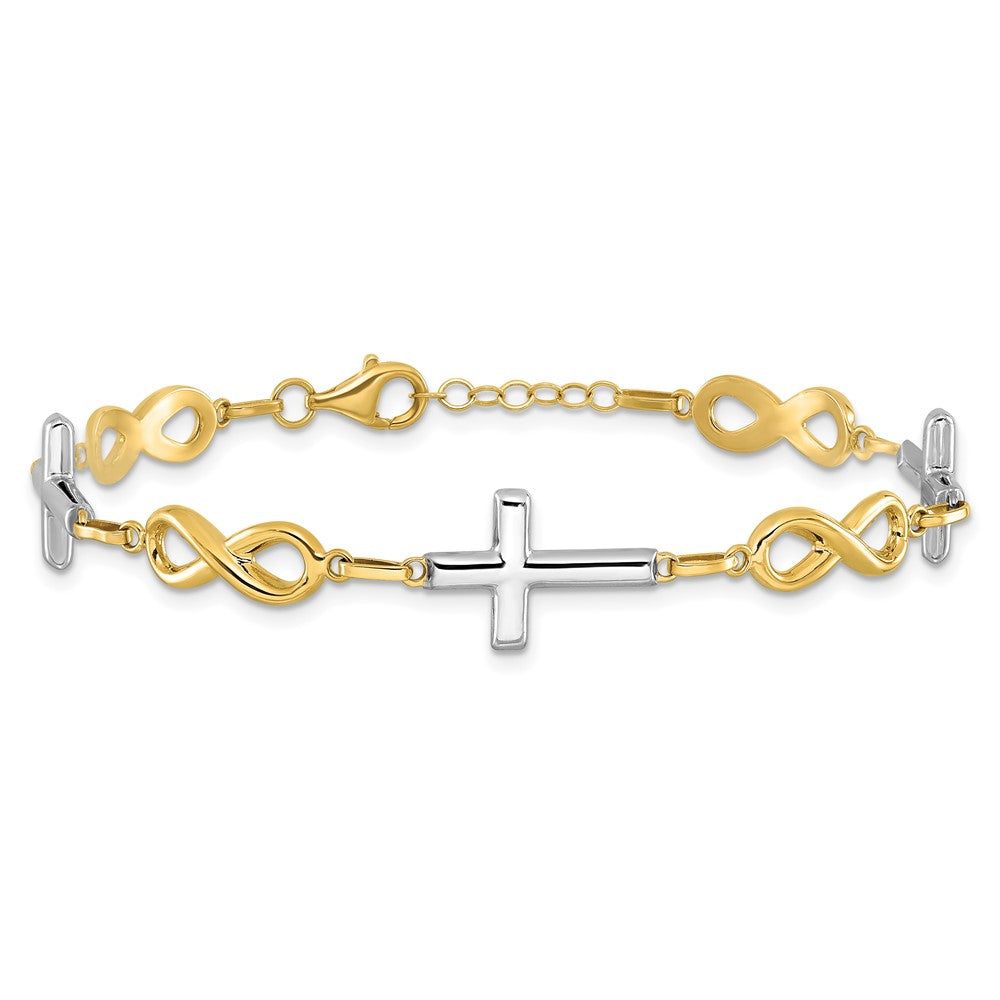 10K Two-tone Polished Cross and Infinity Bracelet 7.5  inches
