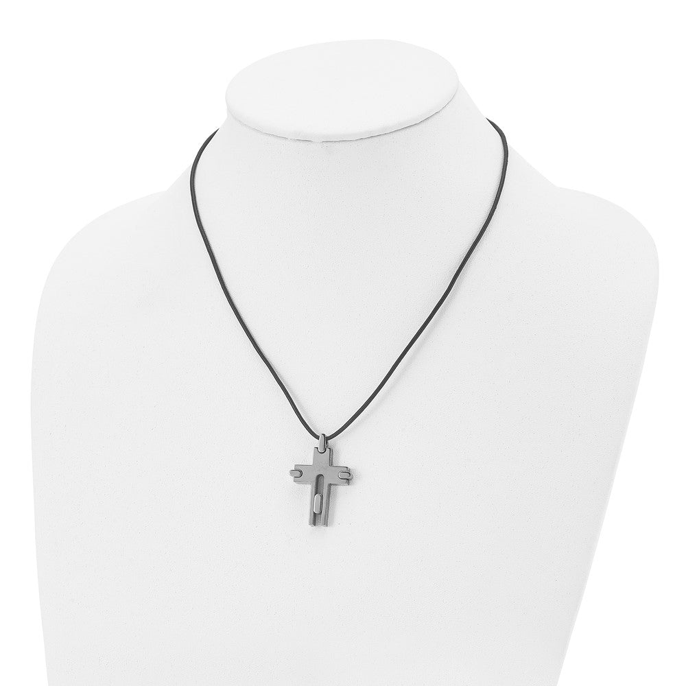 Titanium Polished Cross Leather Cord 18in Necklace