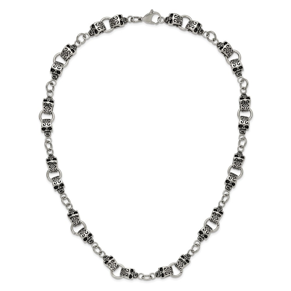 Stainless Steel Antiqued and Polished Skull 24in Necklace