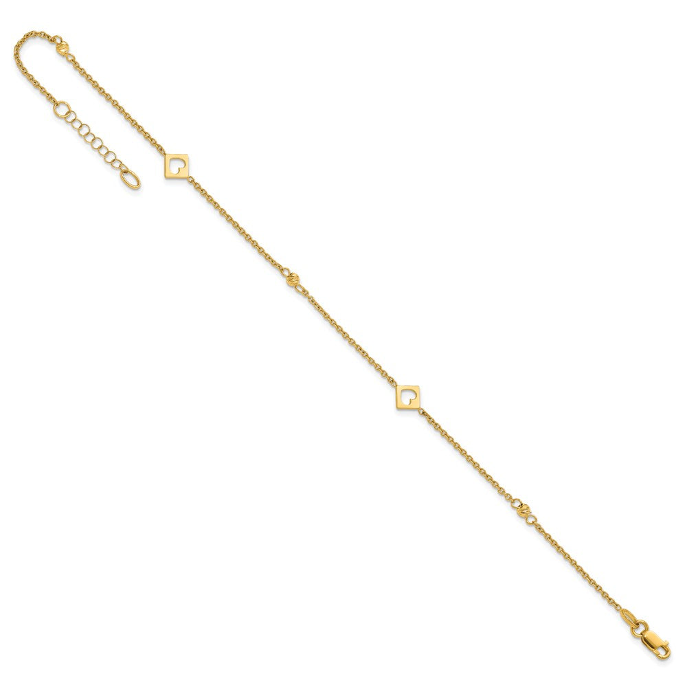 14k Polished Cut-out Hearts and Diamond-cut Beads 9 inch with 1 inch Extender Anklet