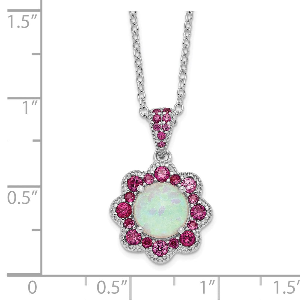 Cheryl M Sterling Silver Rhodium-plated Cabochon Lab Created Opal and Brilliant-cut Red Nano Crystal Flower 18 Inch Necklace 18 Inches