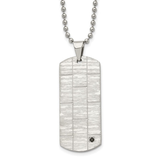 Stainless Steel Polished and Satin w/Black CZ Dog Tag 20in Necklace