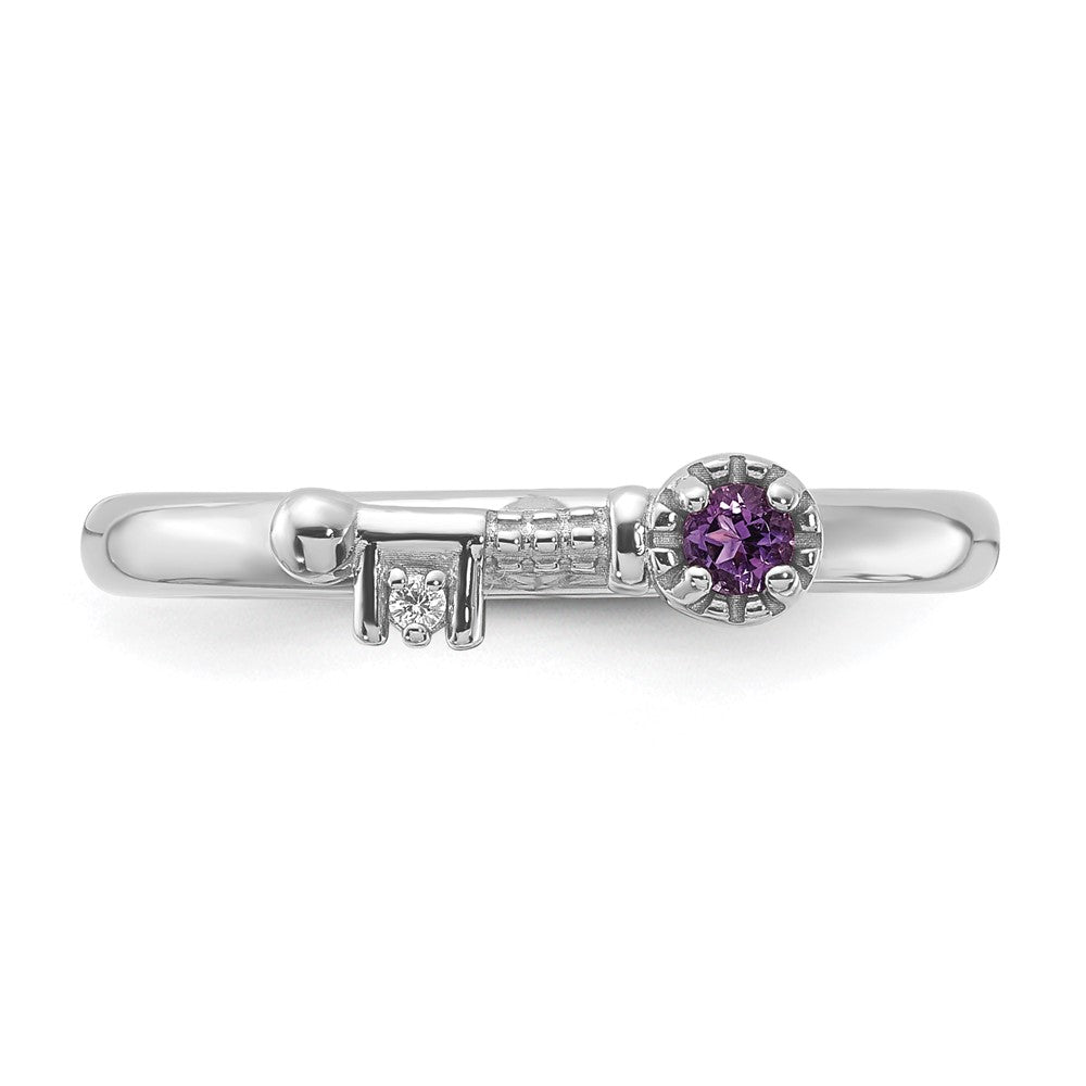 Sterling Silver Stackable Expressions Rhodium-plated Amethyst and White Topaz Key Ring Size -10