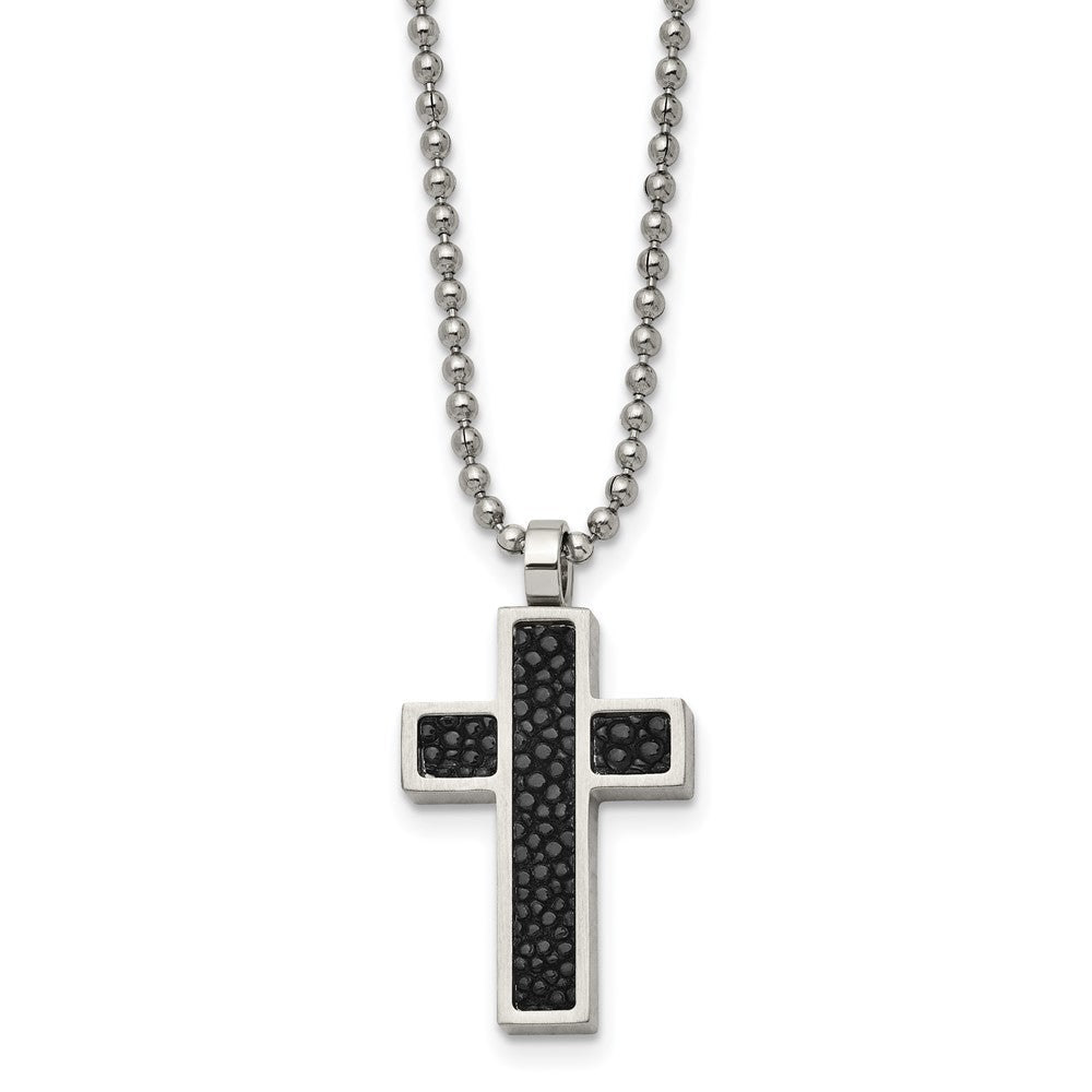 Stainless Steel Brushed Black Genuine Stingray Inlay Cross 24in Necklace