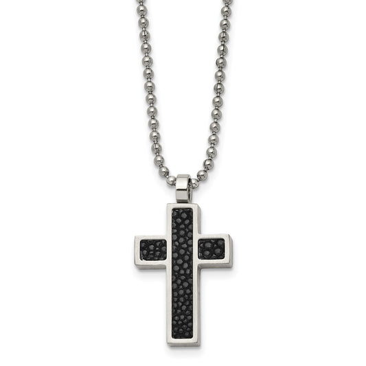 Stainless Steel Brushed Black Genuine Stingray Inlay Cross 24in Necklace